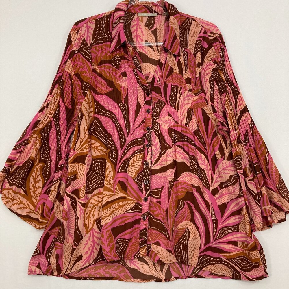 Sunny Leigh size XL Red Pink Artsy Leaf Print Flare Sleeve Relaxed‎ Button Up